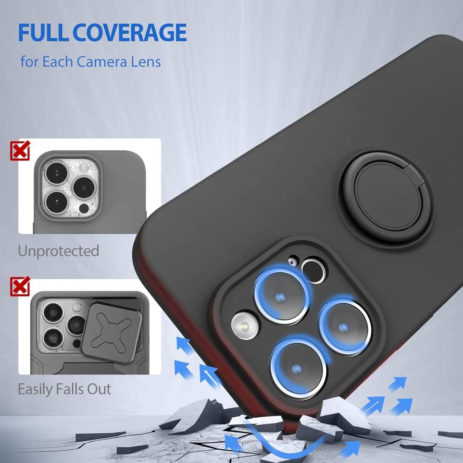 Phone Case for iPhone 16/15/14/13/12 Pro Max Plus Case with Ring Stand, Military Grade Drop Protection Liquid Silicone Slim Design Support Magnetic Car Mount, Shockproof Protective Phone Cases