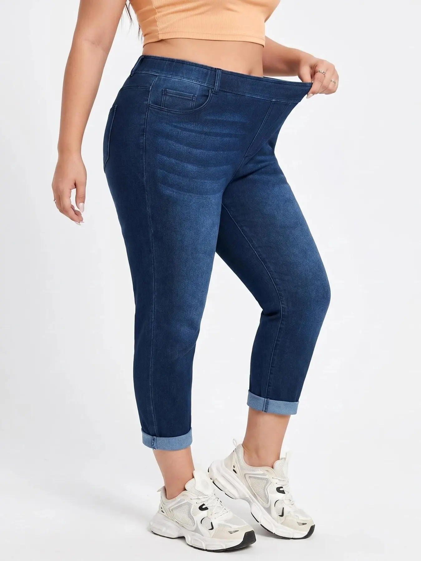 Plus Size High Waist Belly Control Four Way Stretch Denim Jeans, Elastic, Deep Blue Rolled Hem, Comfortable Nine Inch Knit Jeans for Curvy Women