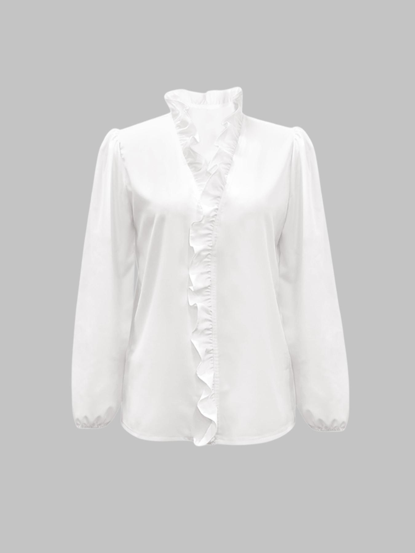Women's Elegant V Neck Blouse with Ruffles, Loose-Fit Woven Shirt for All Seasons, Plain Pattern Casual Top for Office Wear
