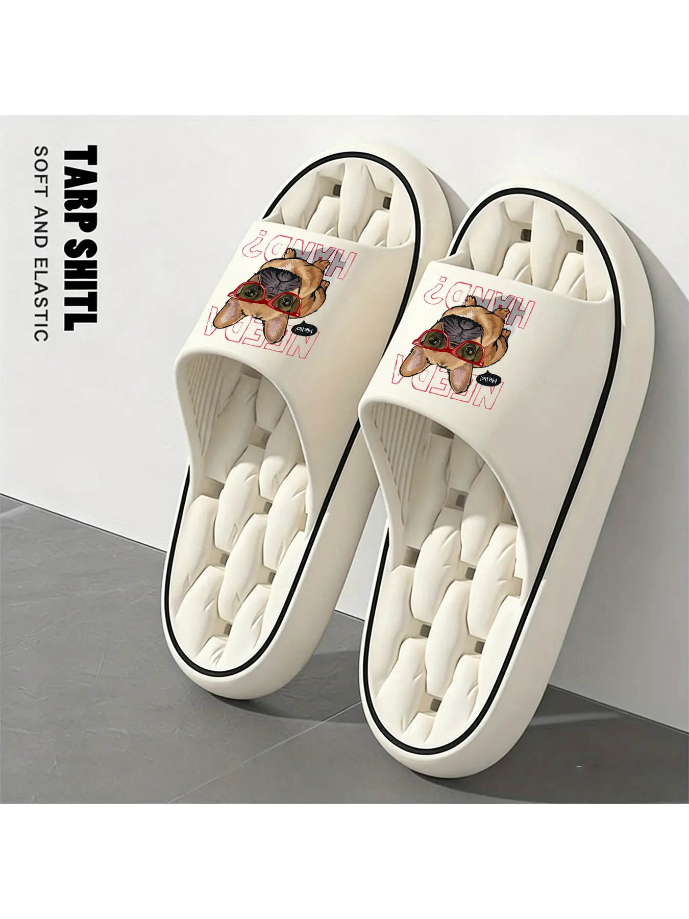1 pair of French Bulldog "Hello!" printed slippers, unisex, thick-soled pillow slippers, men's and women's slippers, EVA sole, lightweight and soft open-toe, shower slippers, suitable for indoor and outdoor beach use, casual style