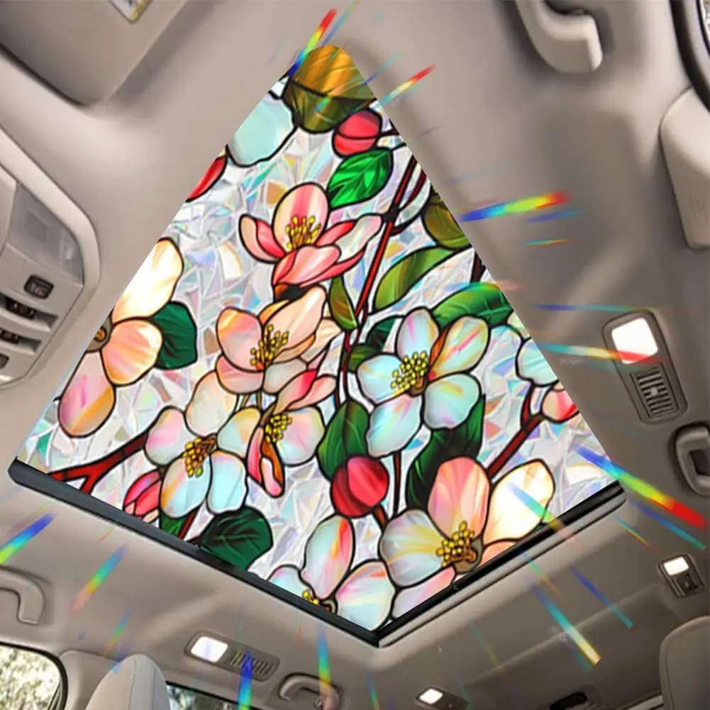 Crabapple Blossom Static Cling Window Film - Durable PVC Synthetic, Floral Rainbow Effect, UV Rejection Sun Protection Stained Glass for Car Moonroof, Side Windows, Bathroom, Living Room, Kitchen, 17.72x35.43in, Windows Glass