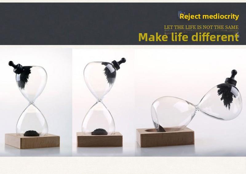 Magnetic Hourglass with Wooden Base - Mesmerizing Iron Filings Sand Timer, Cool Desk Decor Fidget Toy for Office, Unique Stress Relief Gift for Men Women Kids