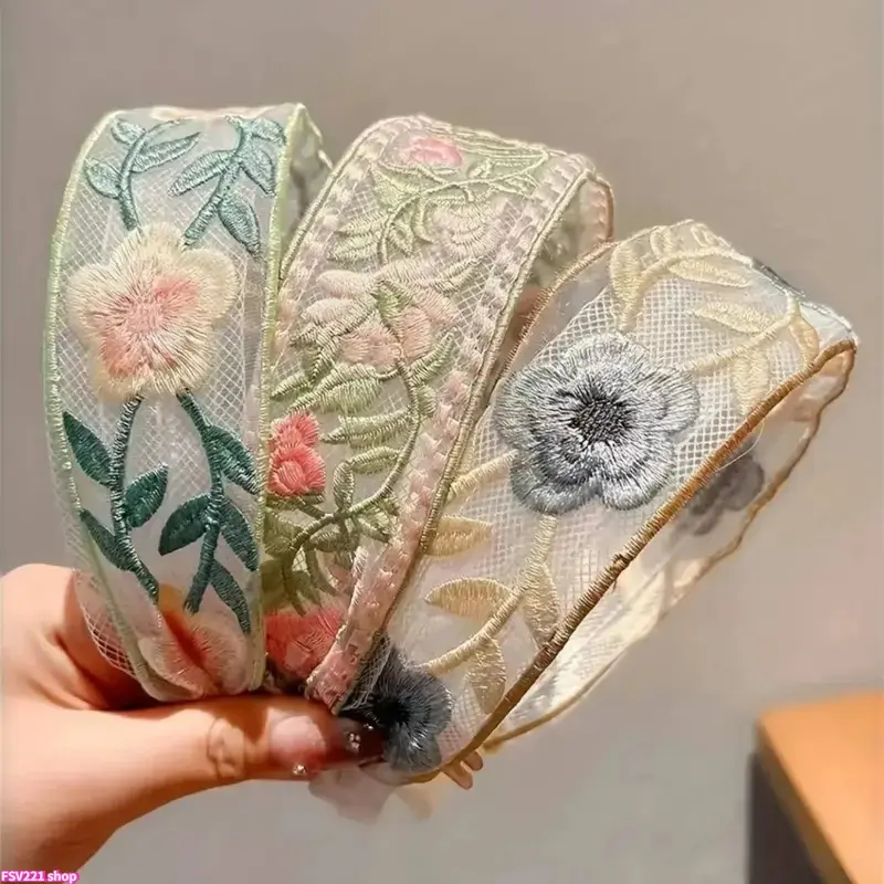 Women's 3-Pcs Elegant Floral Embroidered Wide Flower Headbands Set, Soft Non-Slip Bohemian Hair Accessories for Women, Ideal for Daily Wear & Parties, Headbands For Women