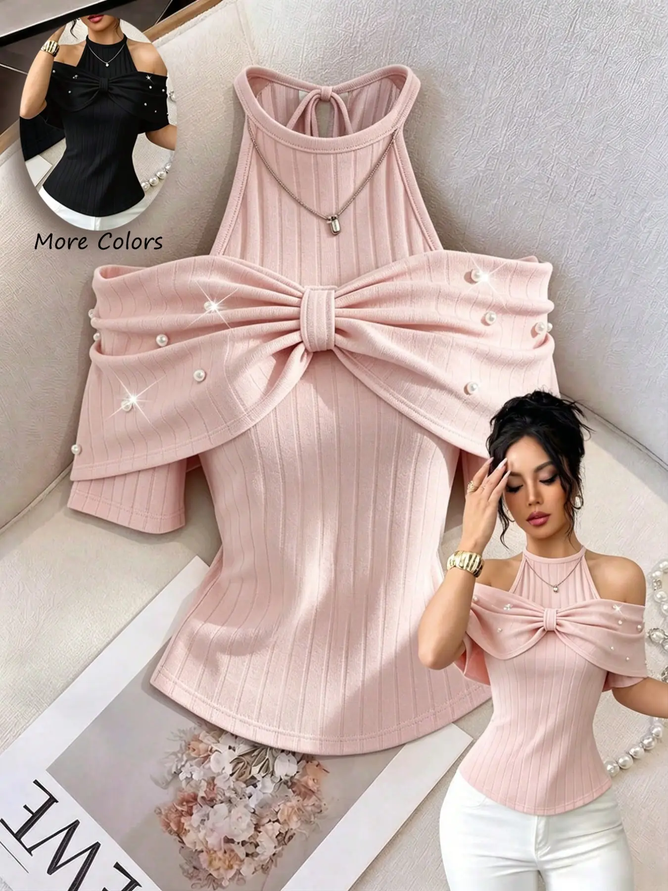 Sexy Halter One-Shoulder Knit Top, 3D Large Bow Pearl Decoration, Vertical Stripe Slim Fit Short Sleeve, Soft Date Atmosphere Shirt