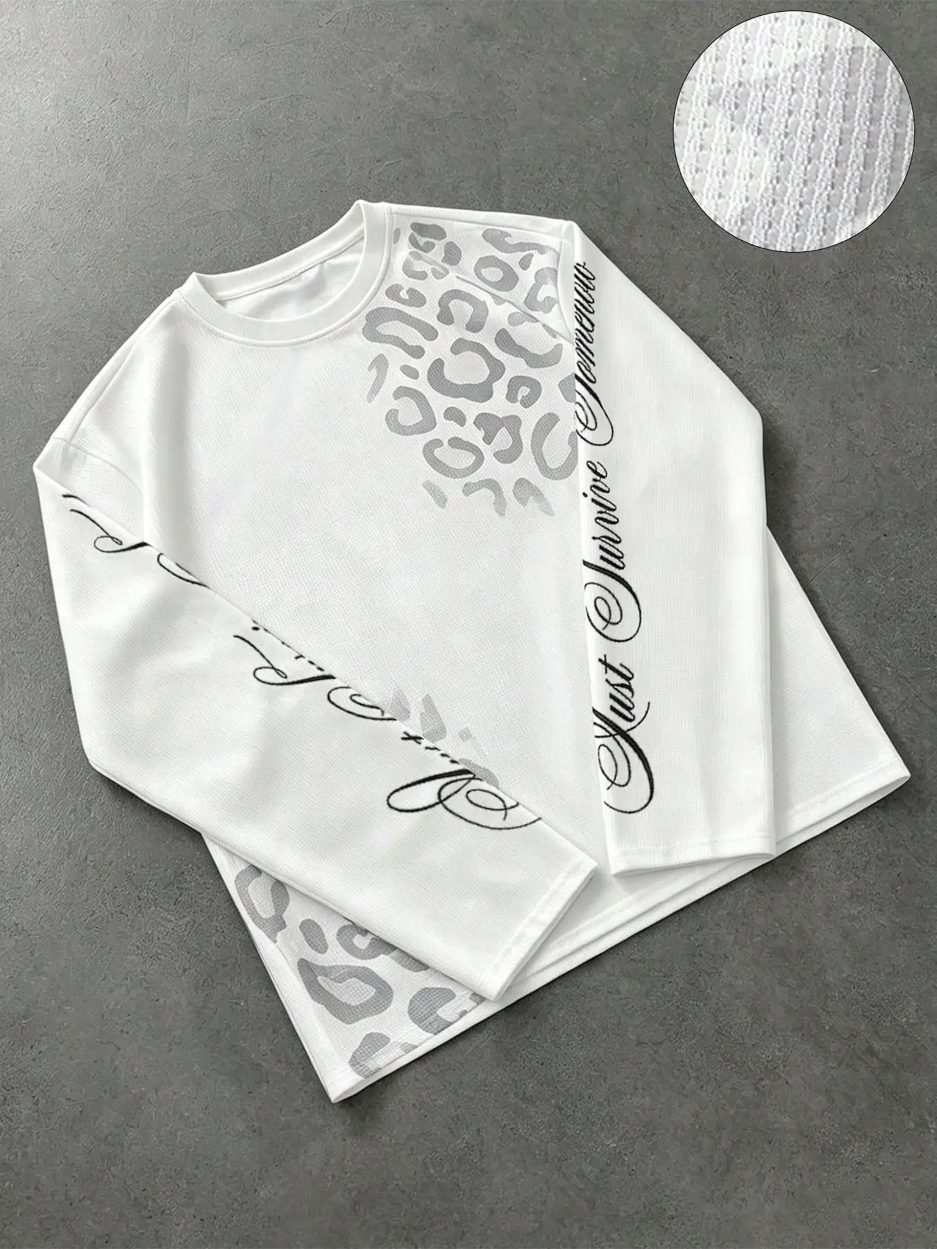 Men White Waffle Knit Long Sleeve Tee, Gray Spliced Leopard Print Crew Neck Oversized Top, Cursive Script Letter Graphic Sleeve Breathable Lightweight Textured Thermal Shirt, Loose Layering Casual Long Sleeve T-Shirt For Skateboarding Campus Daily Street