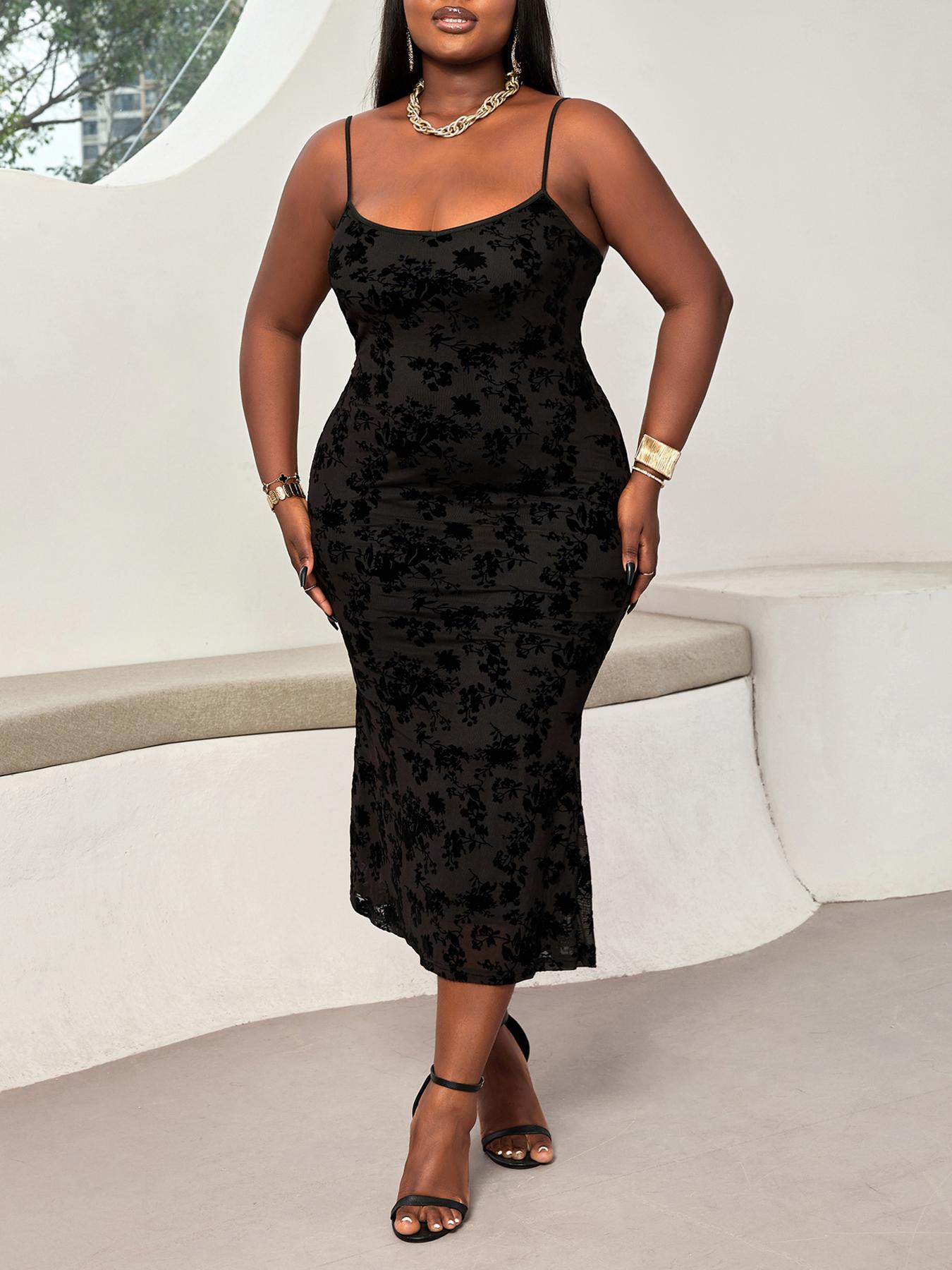 CURVZY Plus Size Floral Print Mesh Cami Dress, Elegant Sleeveless Spaghetti Strap Dress for Party Dating Wear, Women Clothing for All Seasons