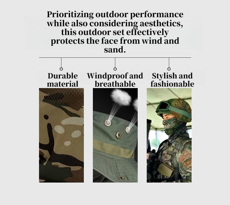 Camouflage Round-Edge Outdoor Bucket Hat Set, Drawstring Windproof Design for Travel, Mountaineering, Fishing, and Casual Outdoor Wear