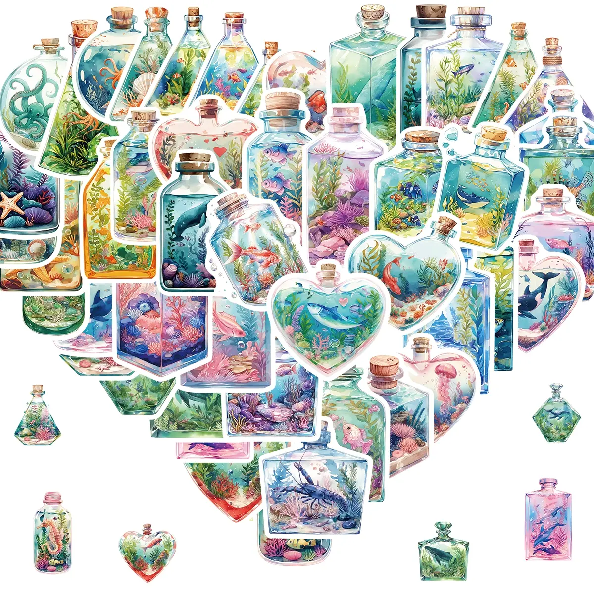 World in Bottle Aesthetic Outdoor Stickers Bulk, 50Pcs Waterproof Vinyl Nature Stickers for Water Bottles Laptop Scrapbook, Forest Trees Animals for Kids Teens (Ocean)
