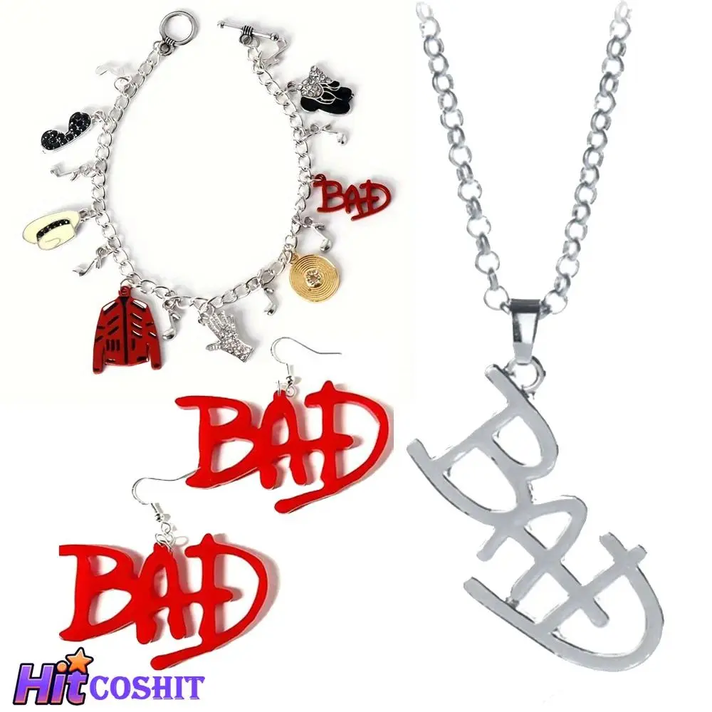 Michael Cosplay Jackson BAD Necklace Earrings Bracelet Rock Roll Everlasting Classic MJ Pendant Halloween Fans Gifts Xmas