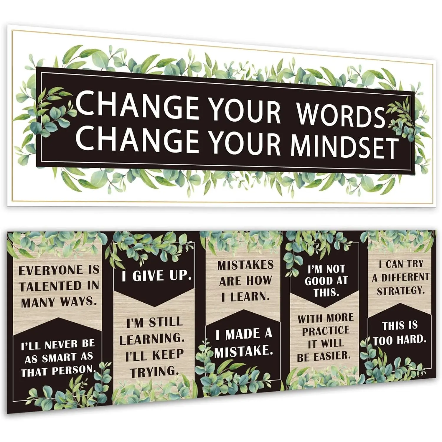 Boho Eucalyptus Growth Mindset Banner Classroom Decoration Inspirational Bulletin Board Positive Wall Decoration Motivational Posters for School Wall Art Supplies Elementary Middle High School Favors