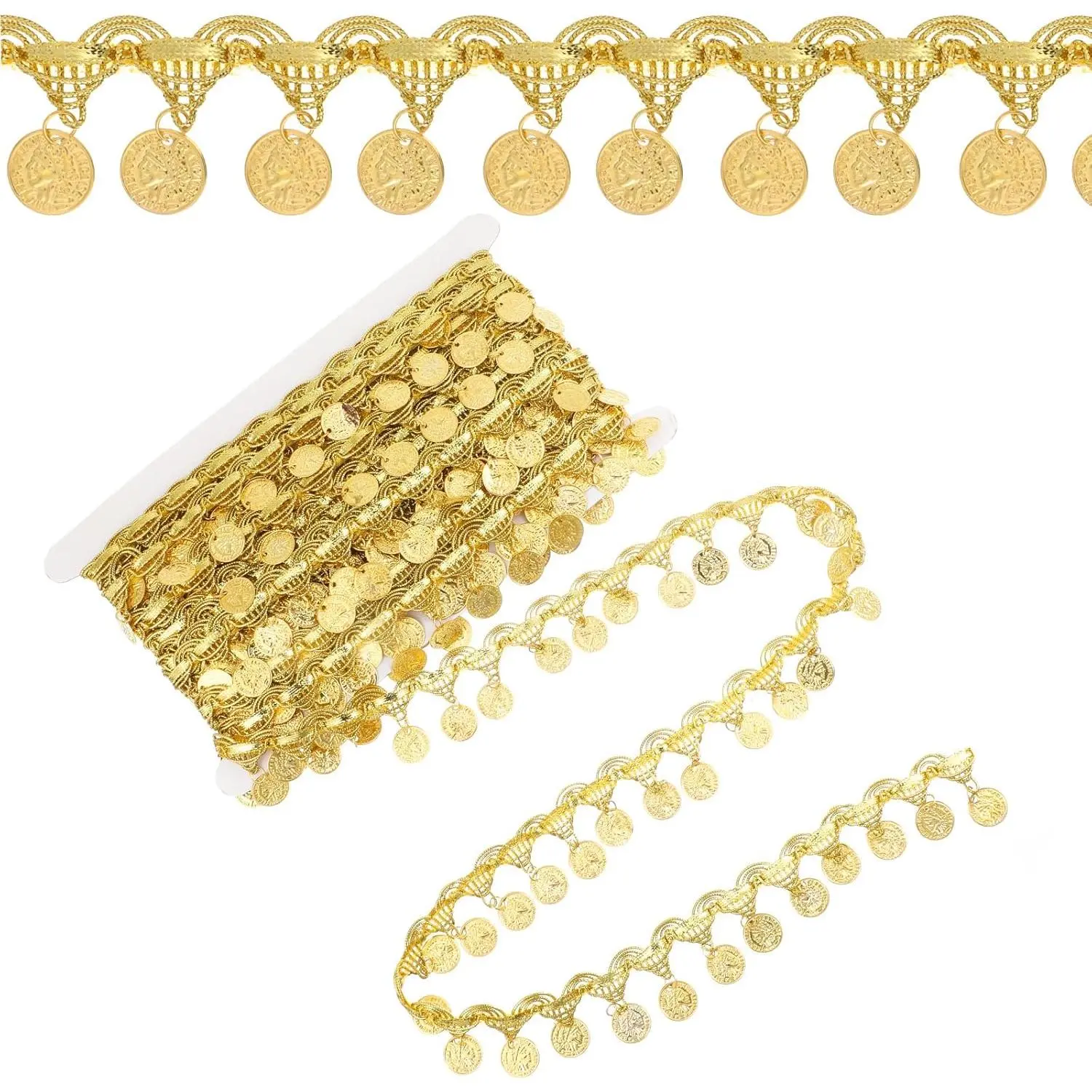 2 Pack 10 Yards Gold Coin Shape Sequin Fringe Trim Sequins Lace Tassel Gold Trim 1.37 Inch Width Sequins Fringe for Clothes Decoration Party Accessories Sewing Crafts