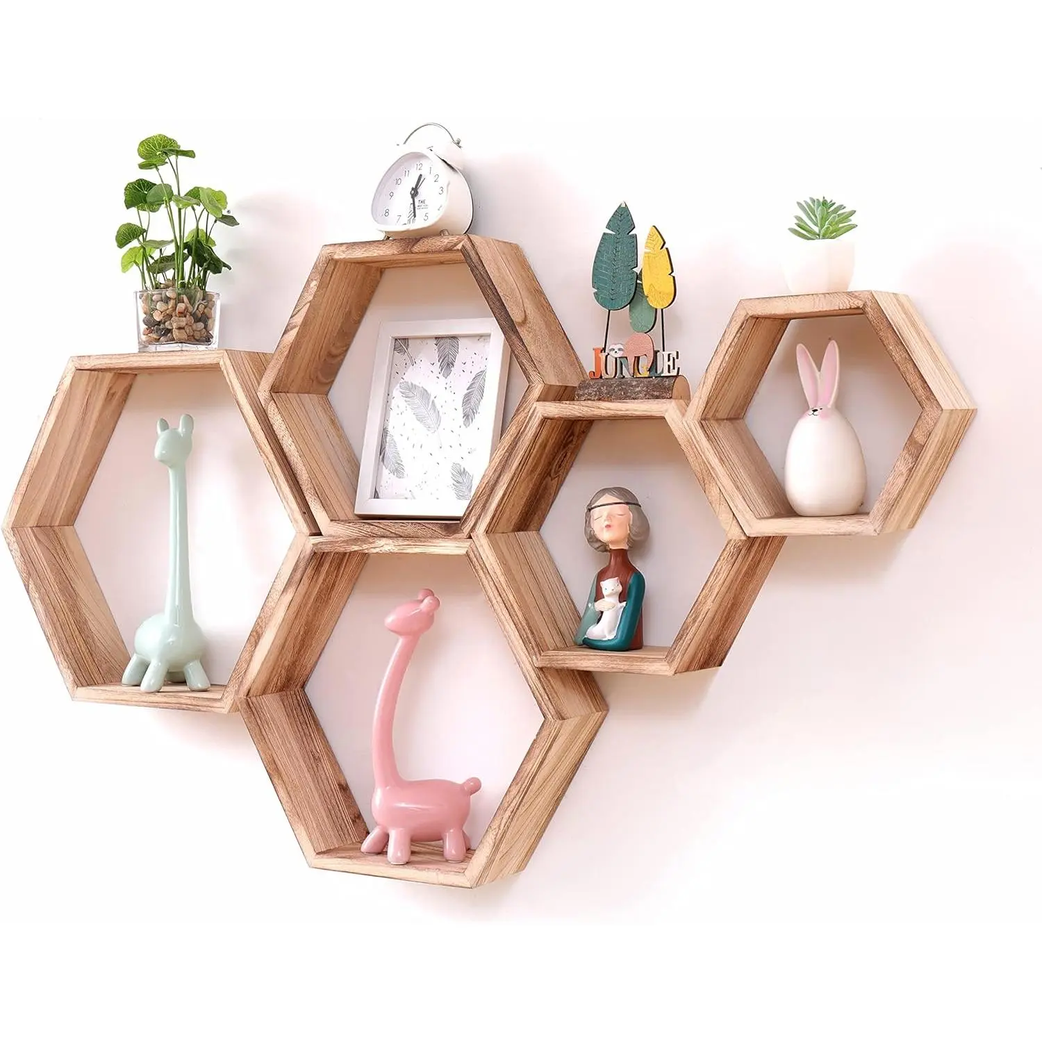 Hexagon Floating Shelves Honeycomb Shelves Wall Mounted Wood Farmhouse Storage Wall Shelf for Bathroom, Kitchen, Bedroom, Living Room,Driftwood Finish Decor,Light Brwon