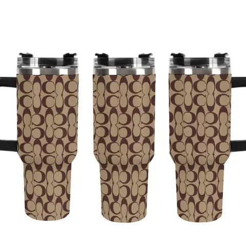 40oz Classic C Monogram Print 40oz Tumbler with Straw - Luxury Inspired Signature C Print Insulated Cup, Beige Brown Designer Inspired Leakproof Stainless Steel Travel Mug, Neutral Aesthetic Travel Mug, Perfect for Gifts & Daily Use
