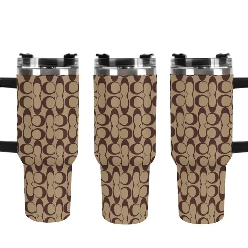40oz Classic C Monogram Print 40oz Tumbler with Straw - Luxury Inspired Signature C Print Insulated Cup, Beige Brown Designer Inspired Leakproof Stainless Steel Travel Mug, Neutral Aesthetic Travel Mug, Perfect for Gifts & Daily Use