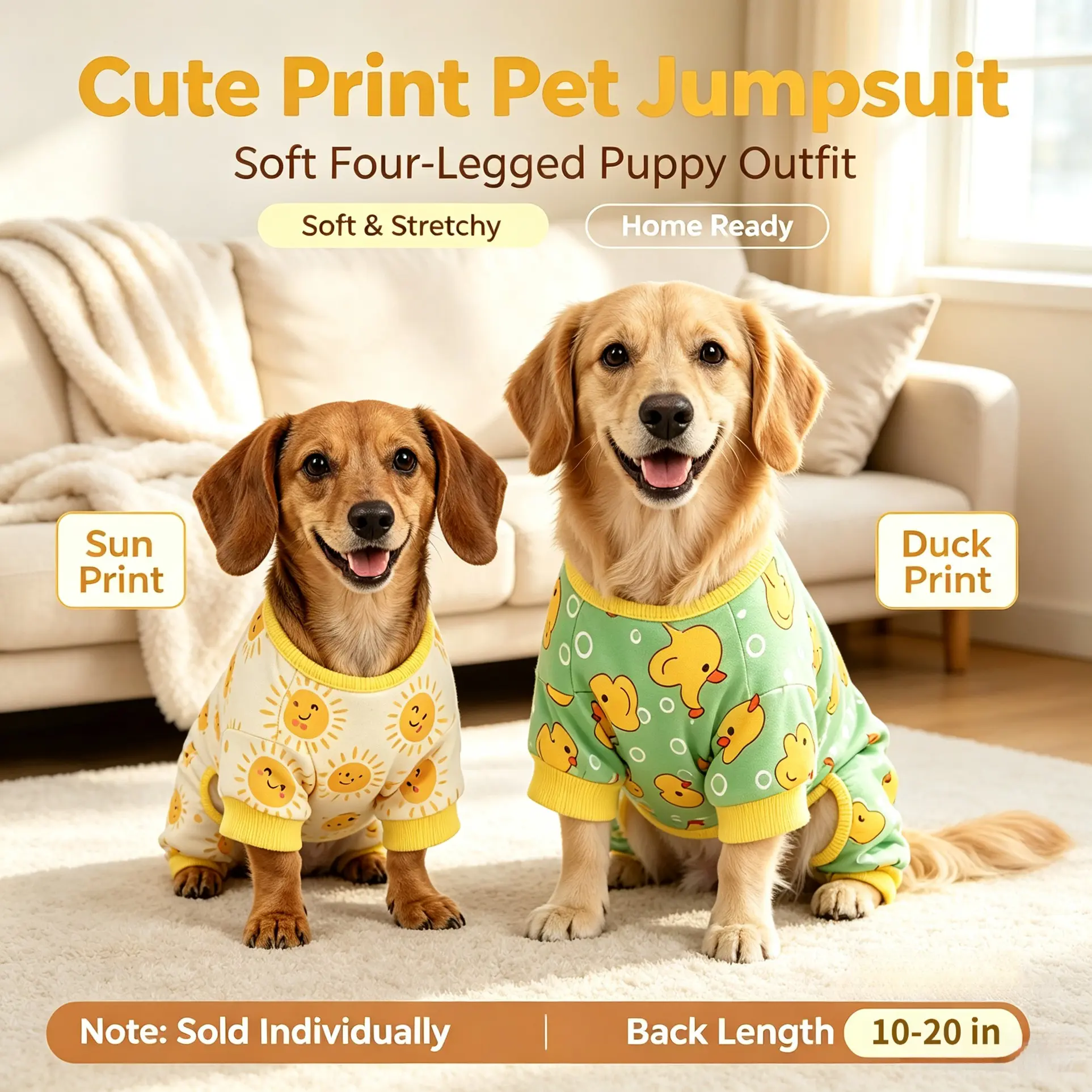 Cute Printed Four-Legged Pet Jumpsuit for Dogs & Cats, Soft Stretchy Indoor Pet Pajamas, 2 Patterns Available: Sun Print & Yellow Duck Print, Breathable Home Clothes for Small Medium Dogs, Sizes S-3XL, Back Length 10-20 Inches
