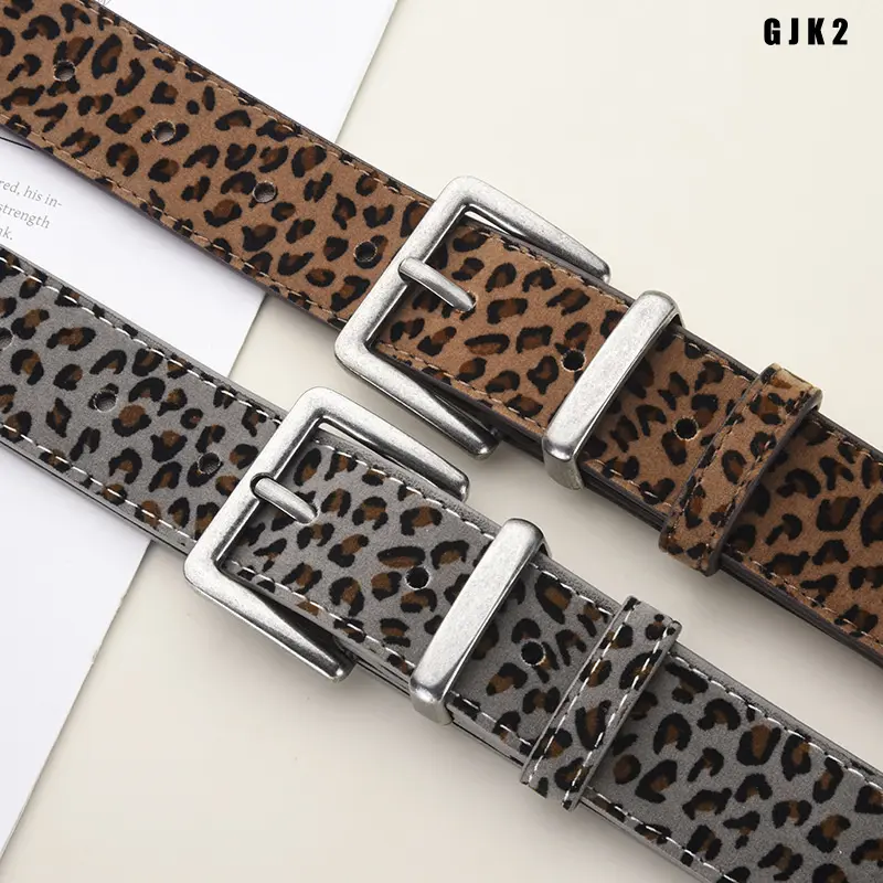 Leopard Print Faux Leather Belt, Vintage Pin Buckle Waist Belt for Women