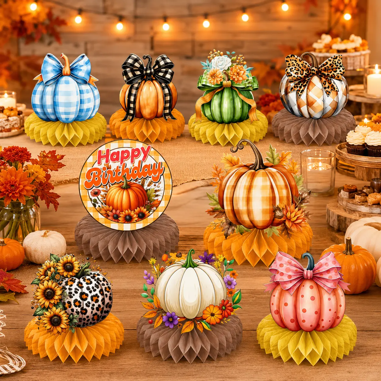 9 PCS Fall Pumpkin Honeycomb Centerpieces, Thanksgiving Table Decorations with Plaid, Floral, Bow & Leopard Pumpkin Designs, Autumn Party Tabletop Decor for Birthday, Harvest, Friendsgiving, Home, Classroom, Shelf & Dessert Table