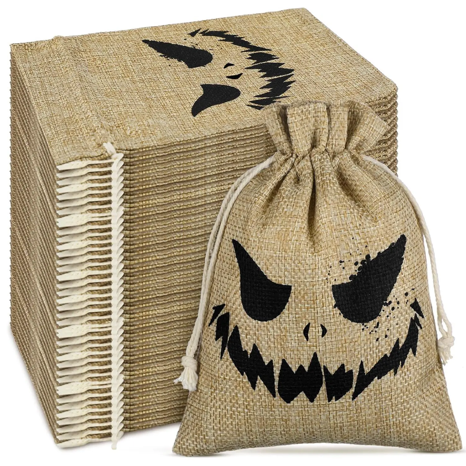 Rustic Linen Drawstring Gift Bags for Halloween, 10/15 Pack Natural Burlap Pouches with Pumpkin & Bat Motif, Versatile Storage for Candies, Jewelry & Party Decor, Great Fall Home Accents