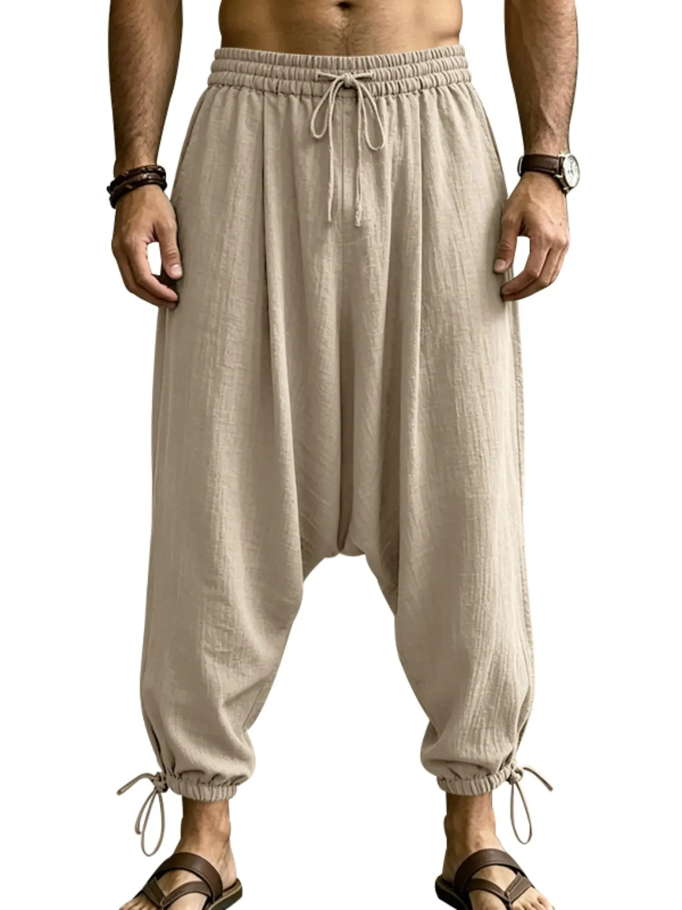 Men's Linen Harem Pants 2026, Ethnic Casual Low-Waist, Plain Breathable Lightweight Fabric, Elastic Drawstring Waist, Ideal for Yoga & Bohemian Style