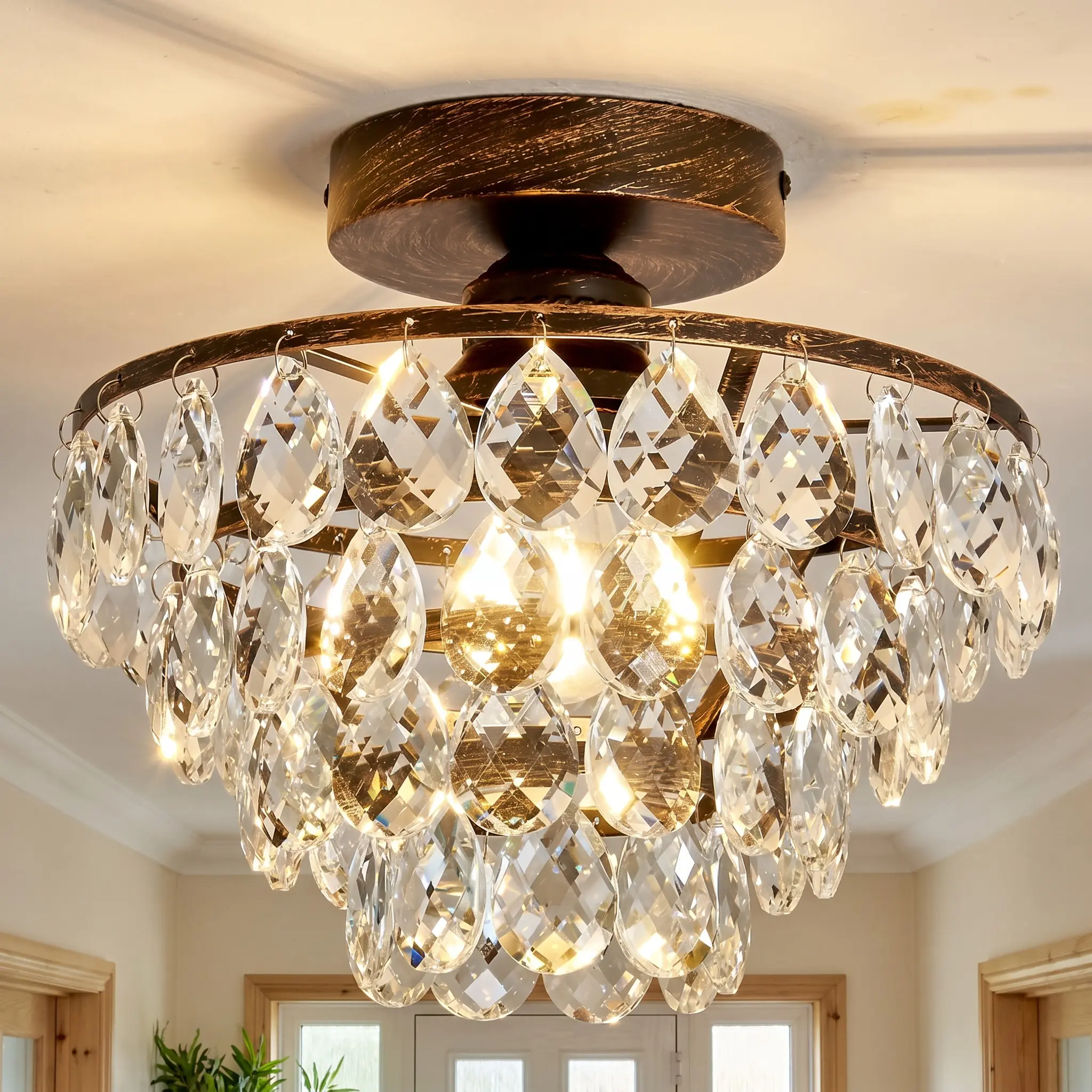 Modern Round Ceiling Light, 10-Inch Small Brushed Black Crystal Chandelier, Flush Mount E27 Socket for Living Room Dining Room Bedroom Kitchen Foyer Lobby Entryway, Bulbs Not Included