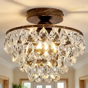 Modern Round Ceiling Light, 10-Inch Small Brushed Black Crystal Chandelier, Flush Mount E27 Socket for Living Room Dining Room Bedroom Kitchen Foyer Lobby Entryway, Bulbs Not Included