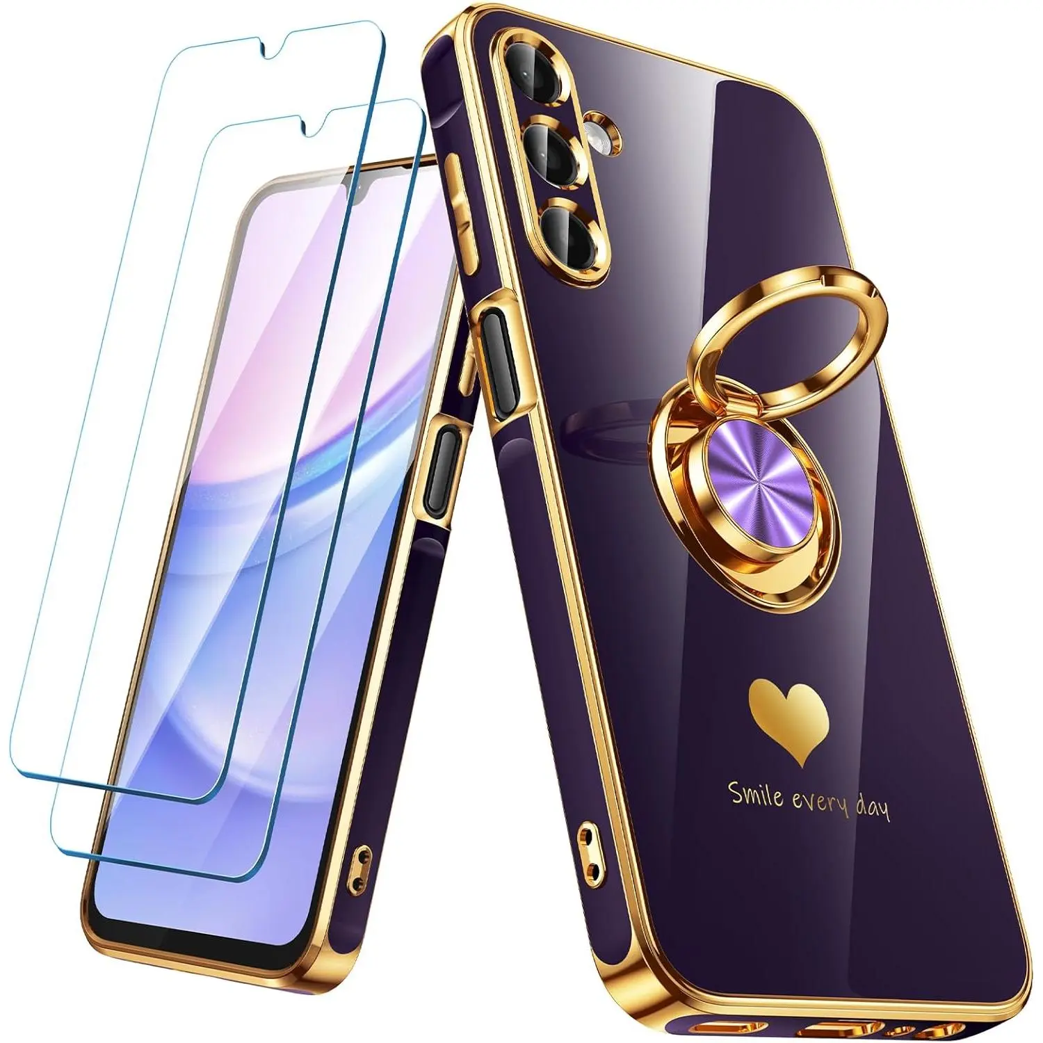 Samsung Galaxy A15 5G Smartphone Case with 2-Pack Screen Protector, 360 Rotation Ring Holder, Luxury Hearts Pattern, Plating Gold Edge Slim Soft Cover - Light Purple Handheld Devices Accessory for Protection