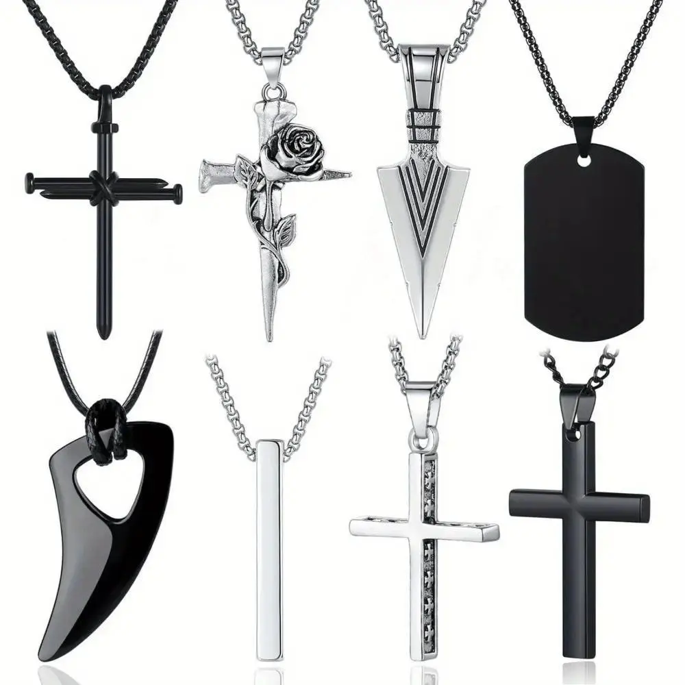 Men's 8-Piece Hypoallergenic Stainless Steel Necklace Set, Black & Silver Cross Design Chains with Cross Charm Pendants, 16-24 In Daily Wear Necklaces, Cross Charm Necklace