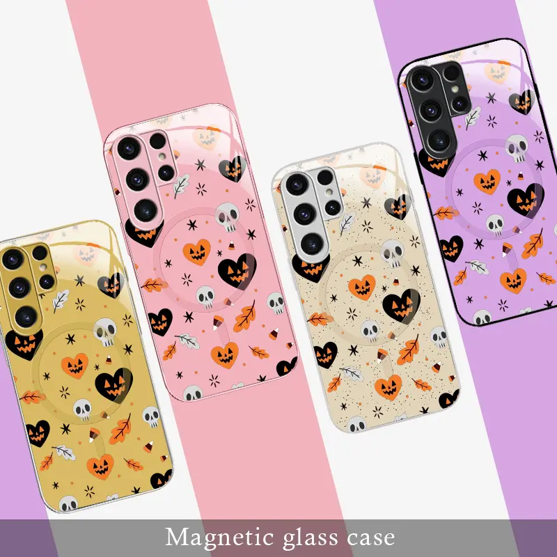 Fall Spooky Cute Pumpkin Heart Skull Halloween MagSafe Phone Case for【Galaxy S23 Ultra】Shockproof Glass Protective Cover---9435