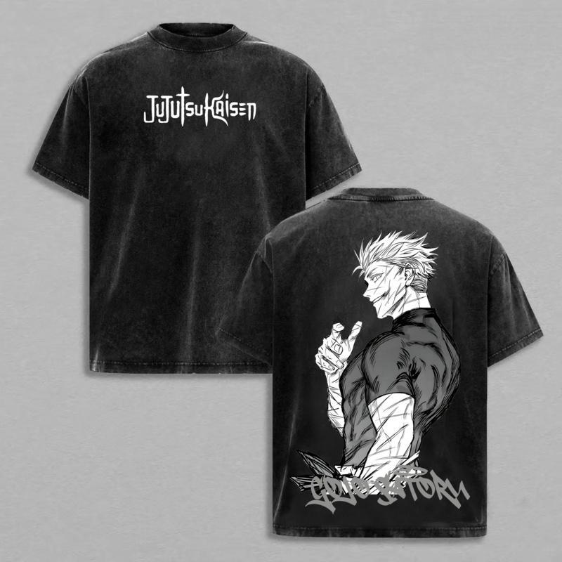 Gojo Satoru Jujutsu Kaisen Graphic Tee – "The Honored One" Double-Printed Vintage Washed Oversized Anime Shirt, Heavyweight Cotton Unisex Top, Trendy Streetwear Menswear for Casual, Party, Convention, and JJK Fans