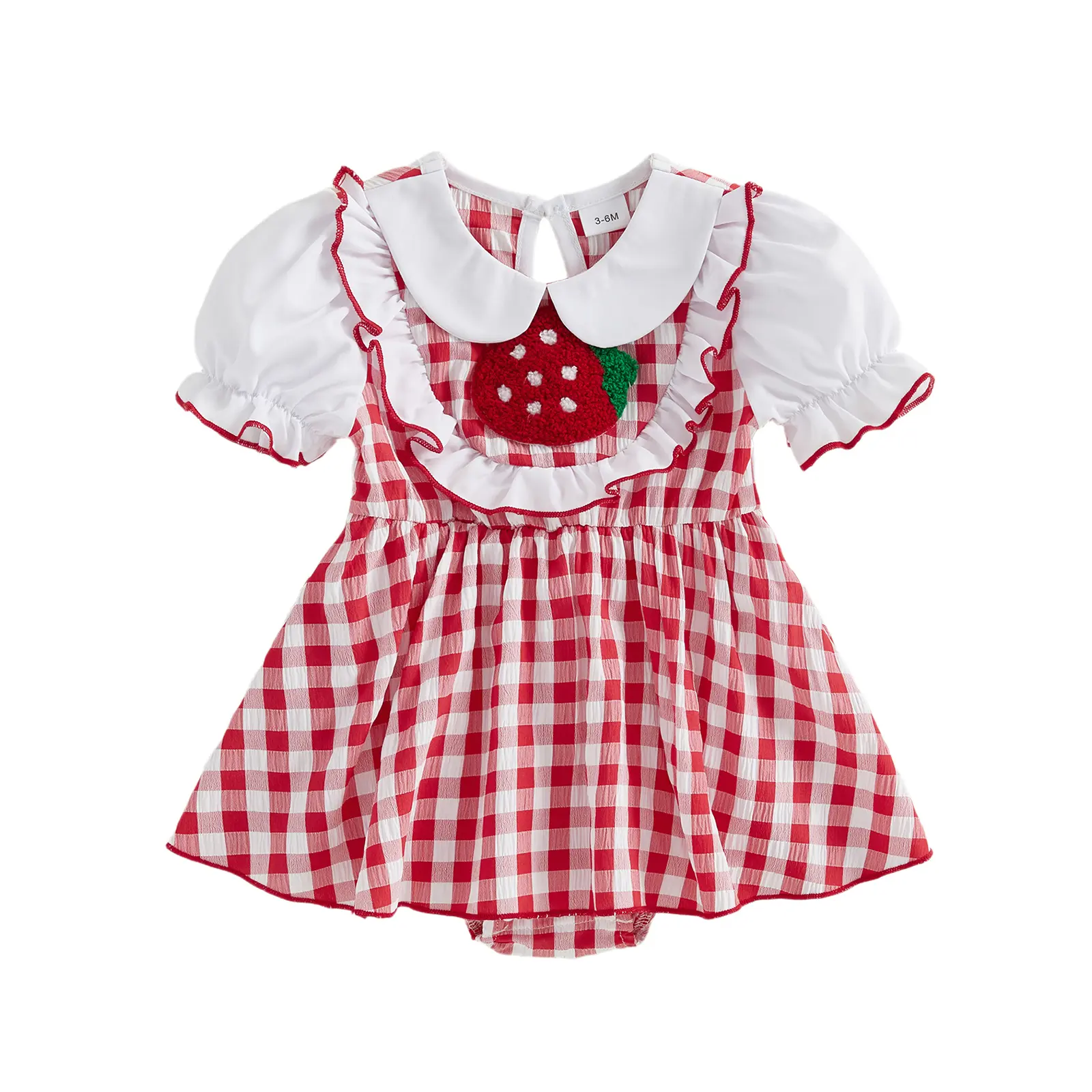 Baby Girl Elastic Blend Soft Polyester Romper - Short Sleeve, Strawberry Embroidery, Flexible Cut, Snap Closure, Summer Newborn Skirt Bodysuit Playsuit