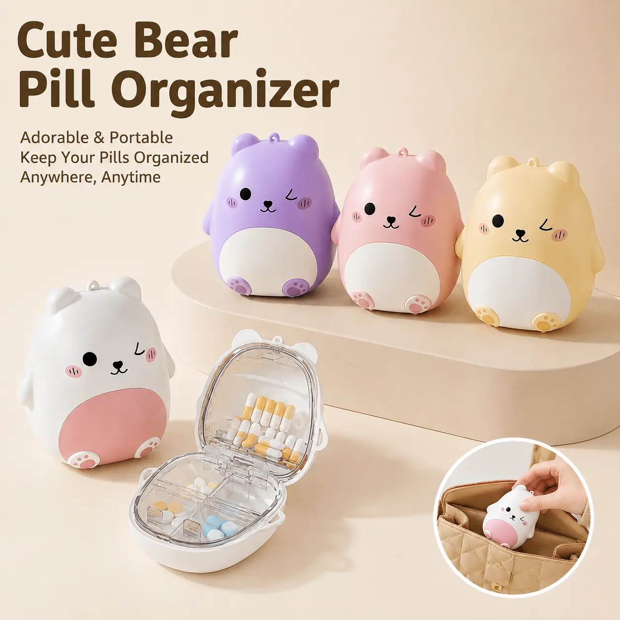 Cute Smiling Bear Medicine Box/jewelry Box, Medical Organizer, Vitamin Organizer, Supplement Organizer, Large Capacity, Sealed Compartments, Marked Divisions, Travel Portable, No Medicines Included-YY0