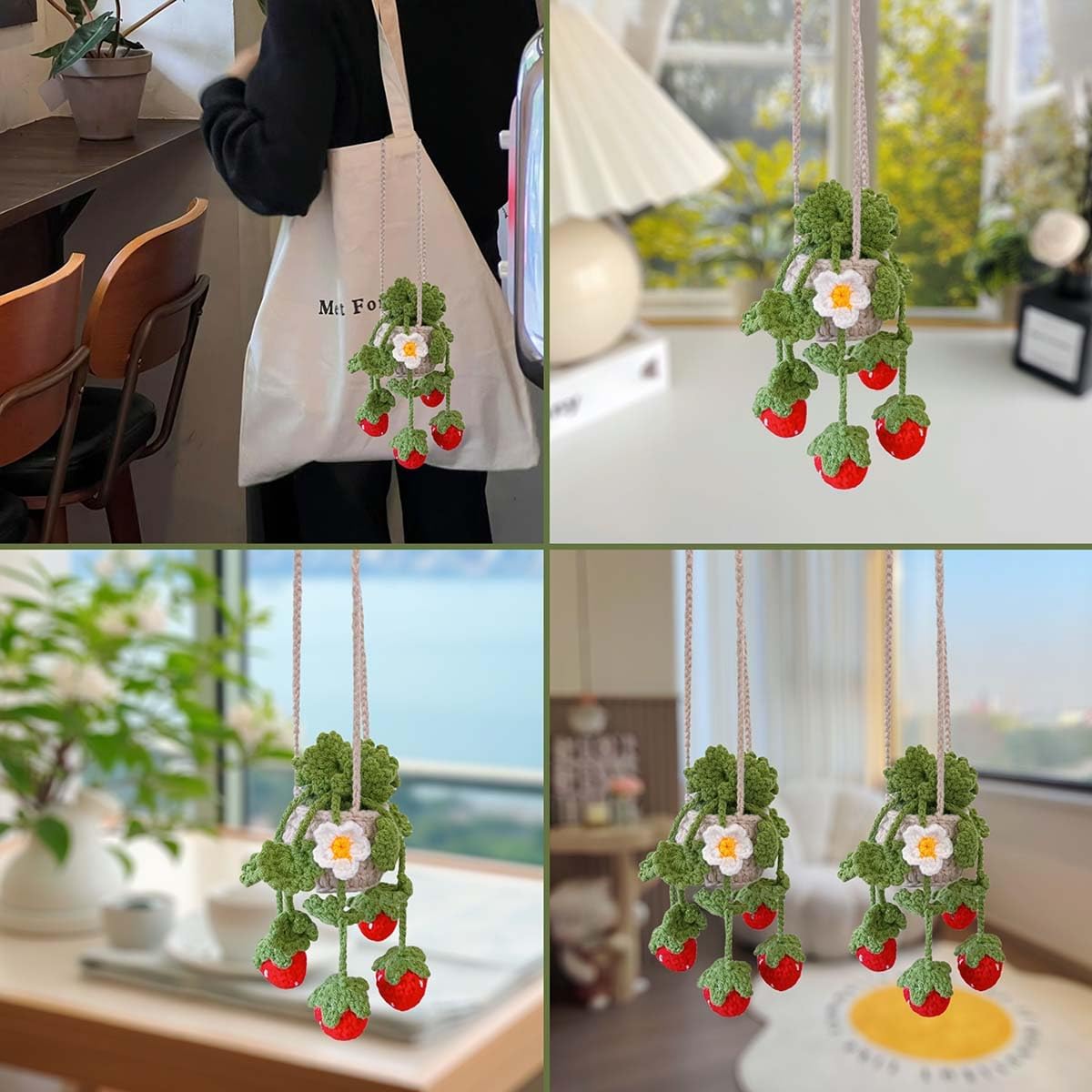 Cute Plant Crochet Rearview Mirror Accessories, Handmade Car Mirror Hanging Decorations, Women's Car Decoration Items