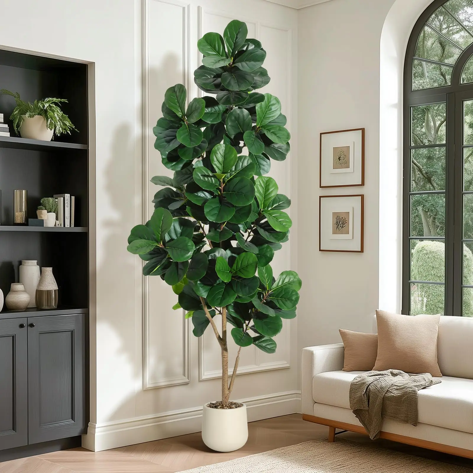 Garvee 7 ft Artificial Fiddle Leaf Fig Tree with 141 Leaves in 9 in White Planter Pot - Realistic Faux Ficus Lyrata Indoor Floor Plant for Home, Office, Living Room Decor and Housewarming Gift