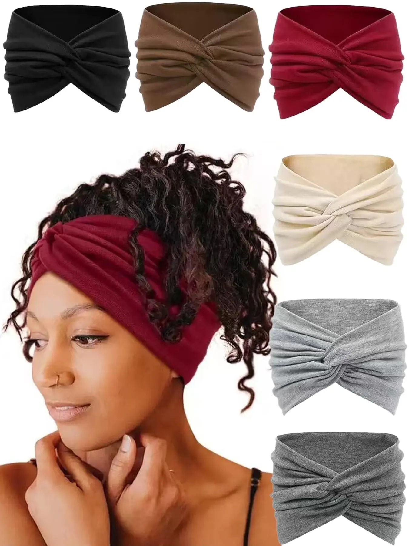 6 Pack Soft Knit Twist Knot Turban Headbands, Non Slip Sweat Resistant Wide Head Wraps for Women Curly Thick Natural Hair, Yoga Gym Daily Workout Headbands, Hair Accessories Set, Hair Styling Headband Non Slip Hairbands