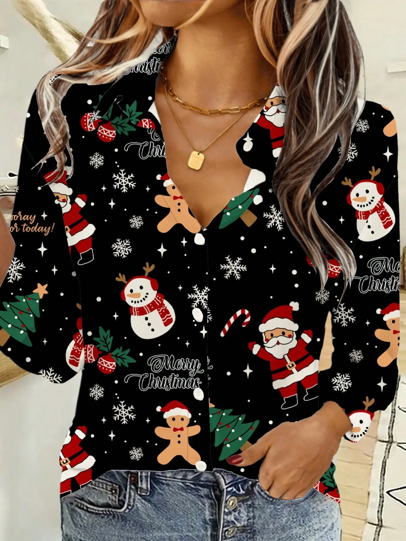 New Women's Cartoon Christmas Pattern Blouse, Santa Claus Snowman Gingerbread Man Snowflake Tree Collar Loose Long Sleeve Shirt