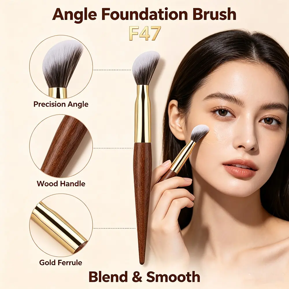 F47 Angle Makeup Foundation Brush, Luxury Professional Cream Blending Tool, High-End Copper Pipe Rosewood Handle, Beauty Essentials