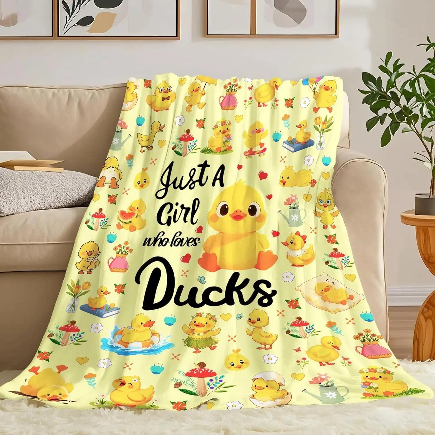 Cute Duck Flannel Throw Blanket - Soft Touch, Foldable, Wrinkle-Resistant, Single-Side Cute Theme Print, White Back, 60"x50", Kids' Bedding Accessory, Sofa Cover, Indoor/Outdoor Holiday Gift (Christmas)