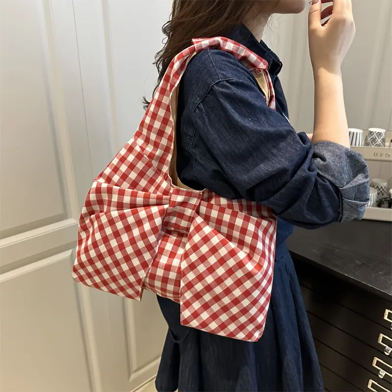 Chic Red Gingham Bow Tote Bag for Women, Large Capacity Checkered Canvas Shoulder Purse, Cute Coquette Underarm Handbag for Summer Travel and Daily Commute