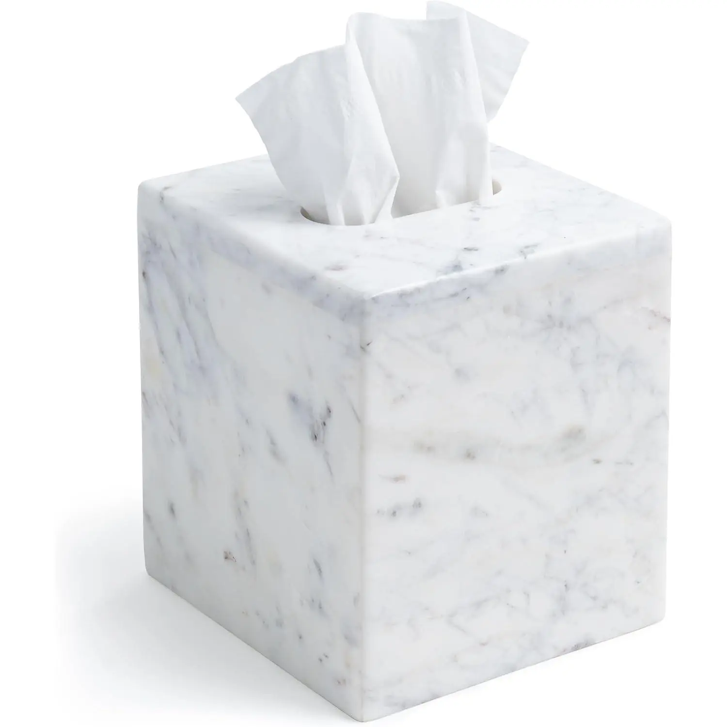 Marble Tissue Box Cover for Kleenex and More, Decorative Cube Style Holder, Large Square Facial Tissue Dispenser Container for Home, Real Solid White Marble Bathroom Accessory