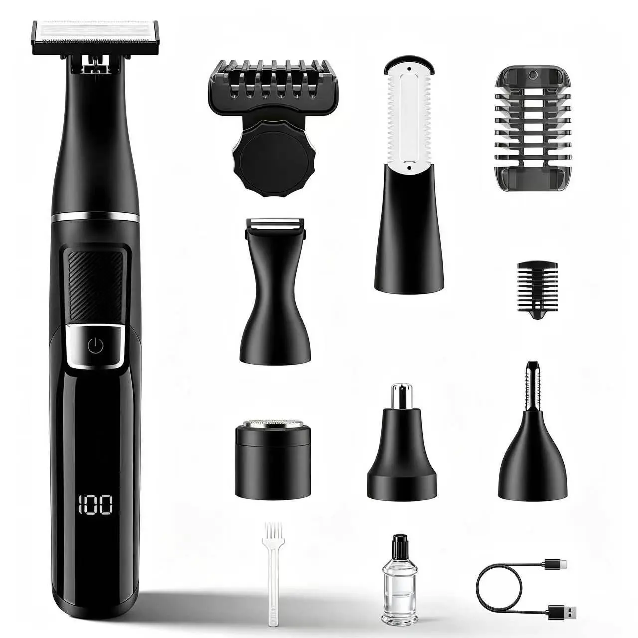 Largner 6-In-1 Professional Electric Grooming Kit, Multi-Functional Shaver with LED Display, 6 Detachable Heads, USB Charging Cable