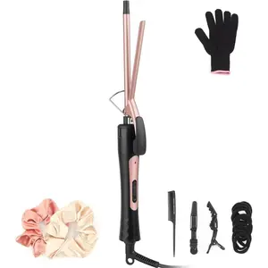 3/8 Inch Thin Small Curling Iron Wand, Ceramic Barrel with 2 Temperature Settings for Short & Long Hair Tight Curls, Heat Resistant Glove Included