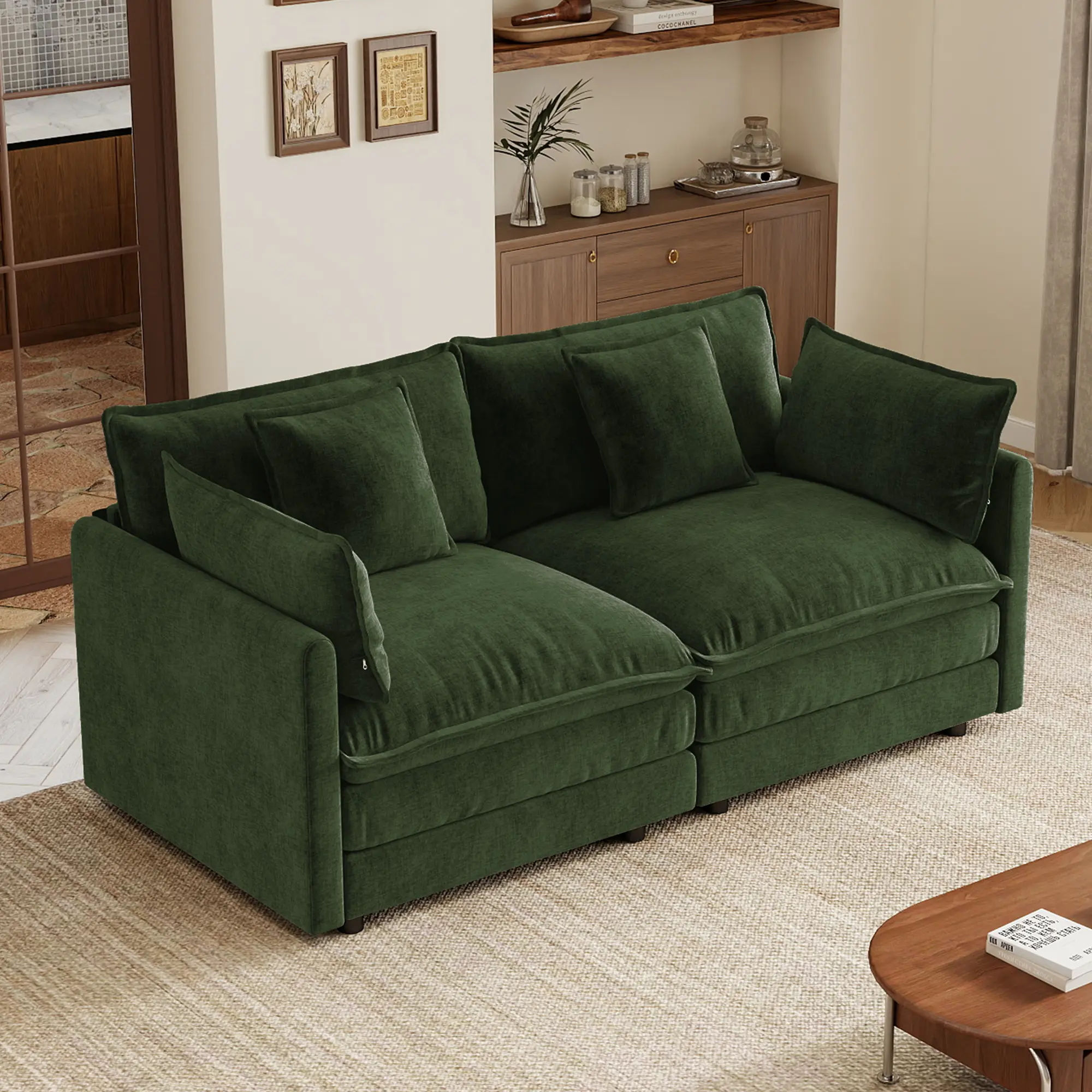 ARCH Upholstered 2-Seat Sofa with Armrest Pillows and Toss Pillows, Deep Seat Couch for Living Room Bedroom Club, Green Chenille Fabric, Solid Wood Frame, 71Wx33Dx35H Inches, Green Color Options, Chenille Material, 2 Seat Seat Count