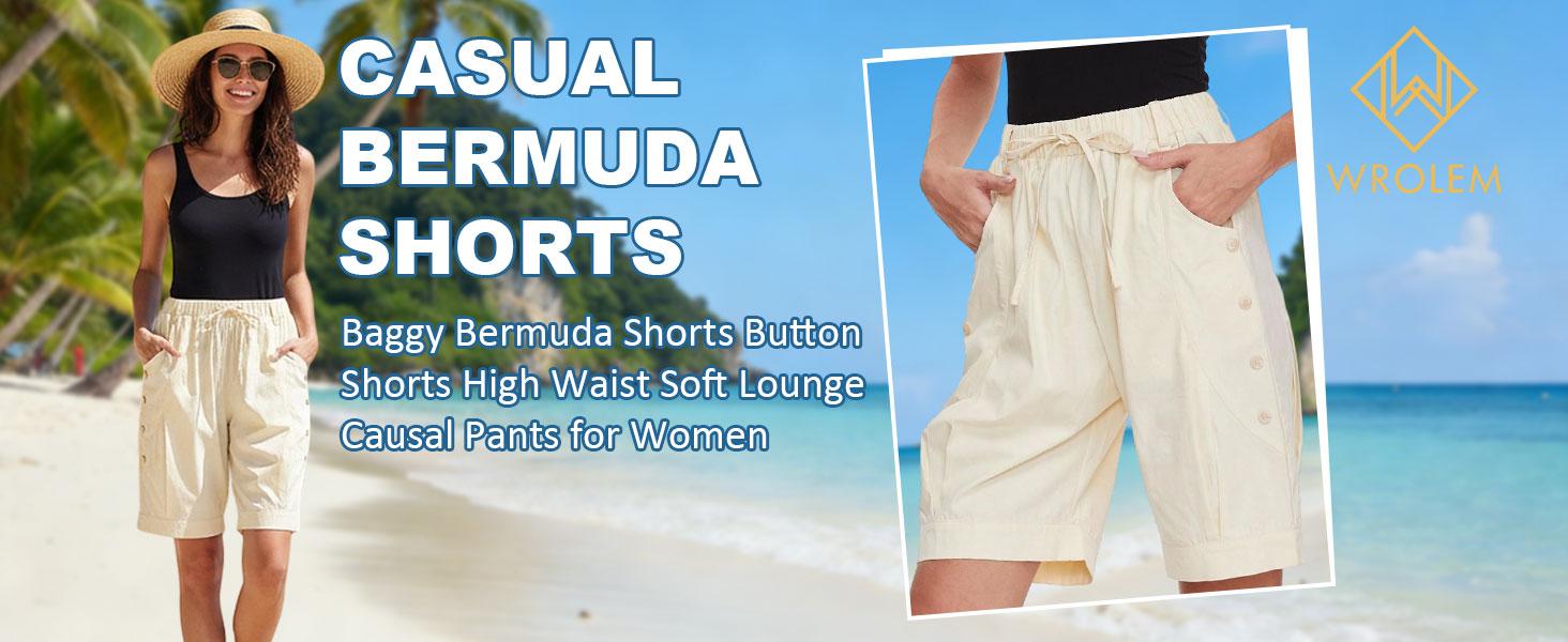 Womens Bermuda Shorts High Waist Drawstring Loose Capris Wide Leg Comfy Summer Beach Casual Dressy Pant with Pockets