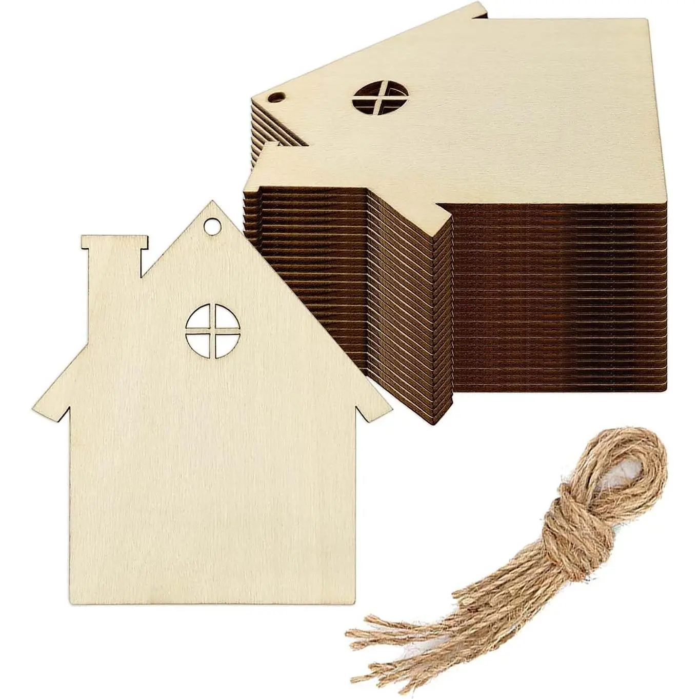 DIY Craft Blank Surface Wooden House Cutout Ornaments with Hole & Rope, Tags (3.54x3.94"), 20-Pack for Wedding, Christmas Party Decorations (Toys & Hobbies, DIY Woodwork)