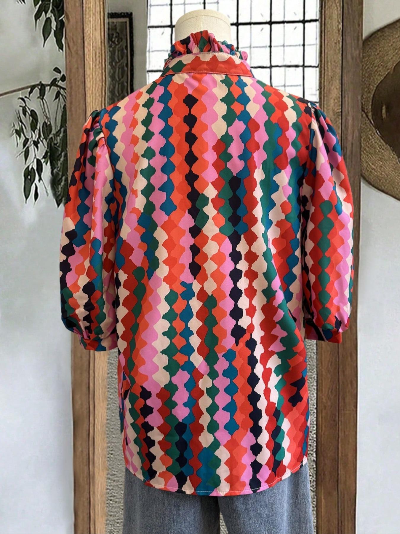 Women's Ruffled Trim Blouse, Casual V Neck Nine-point Sleeve Top for Summer, Women's Clothing for Daily Wear, Boho Floral Print Womenswear, Lady Casual Blouse Shirts, Boho Style Multicolor Shirt