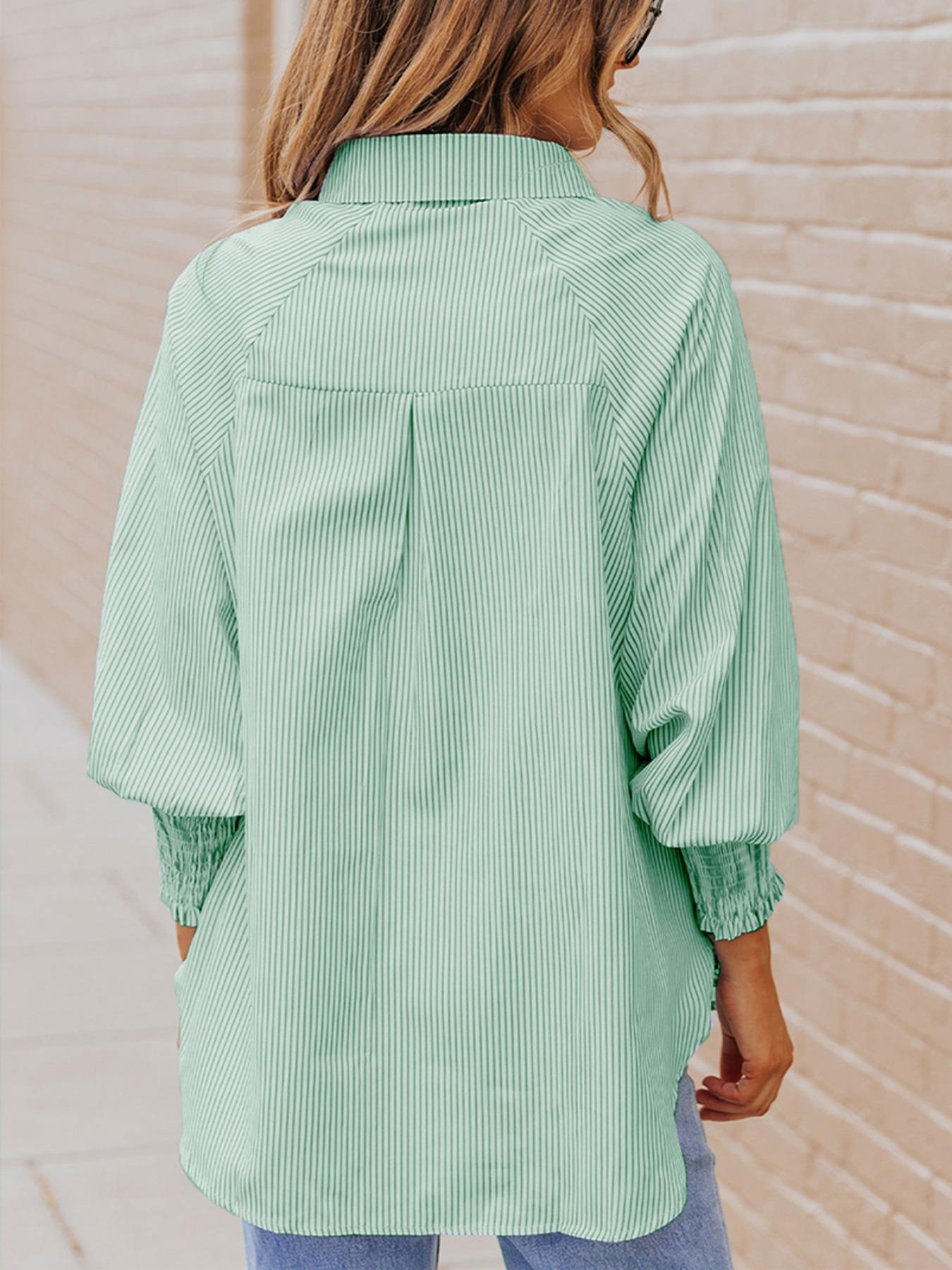 Women's Striped Print Shirred Bishop Sleeve High Low Curved Hem Blouse, Casual Long Sleeve Button Front Pocket Collared Top for Spring & Fall, Women's Clothing for Daily Wear, Summer Tops, Womenswear