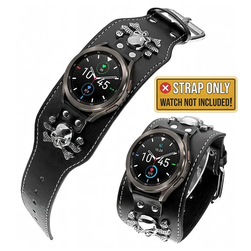 Original Design Wide Edge Skull Black Leather Strap Compatible with Samsung Galaxy Watch 8 4 5 Pro 6 7 Ultra 2 Strap Men's Watch Strap