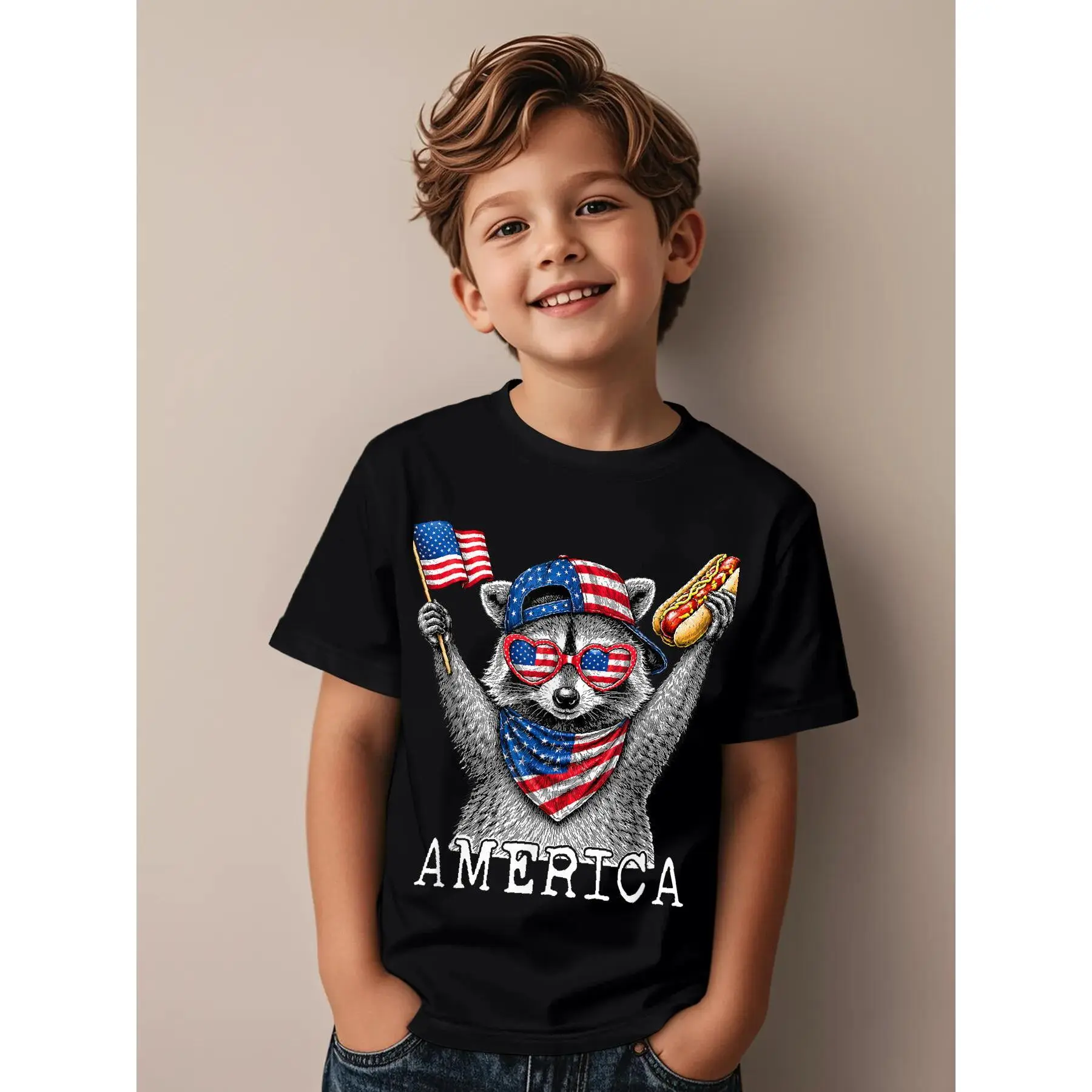 Boys' America Meme Raccoon Hot Dog Graphic T-Shirt - 1776-2026 250th 4th of July Funny Aesthetic, American-Themed Cartoon, Animal Character, Casual Tee for Park Days & Parties, All Season, Athletic Street Tops