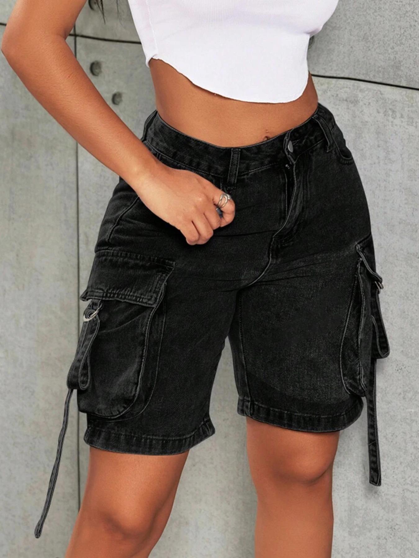 Women's Washed Denim Cargo Pocket Shorts - Y2K Functional Street Style - Comfortable Stretchy Fitted Fabric with Tummy Control