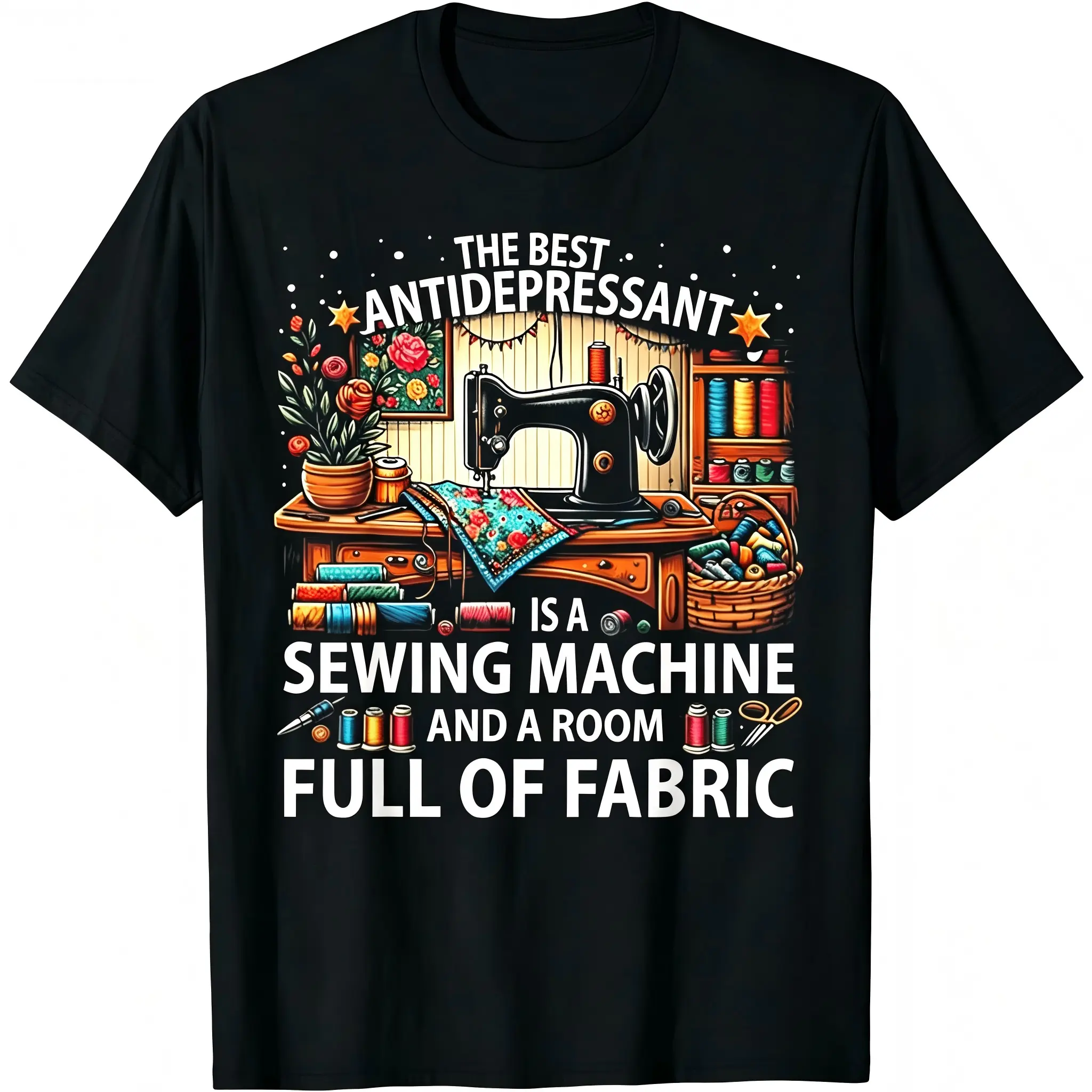 "The Best Antidepressant Is A Sewing Machine" Vintage Sewing T-Shirt for Men & Women - Funny Quilter Crafter Fabric Room, Soft Breathable Cotton Crew Neck Short Sleeve, All-Season Summer Spring Tee, Great for Daily Wear & Craft Style, Machine Washable